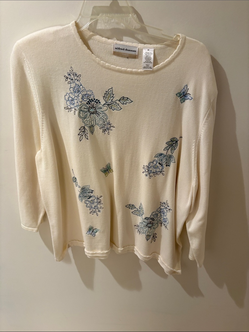 Alfred Dunner Cream Sweater with Blue Floral & Butterfly Embroidery